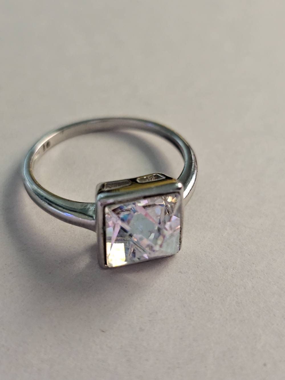 Square Princess Cut Crystal Solitaire Ring Silver Tone - Size 7.5